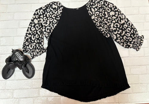 Black Linen Top with Cheetah Sleeves