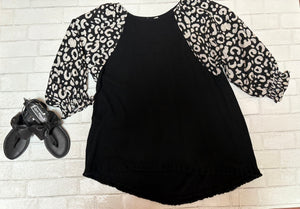 Black Linen Top with Cheetah Sleeves