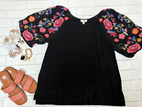 Black Linen Top with Floral Sleeves