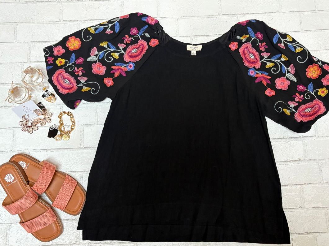 Black Linen Top with Floral Sleeves