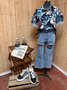 Dark Navy Floral Top w/Stipe Collar