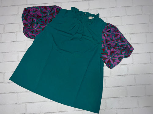 Green Top with Multi Print Sleeves