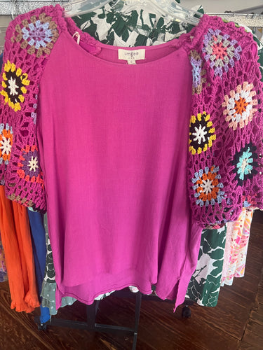 Mulberry Linen Top with Crochet Sleeve