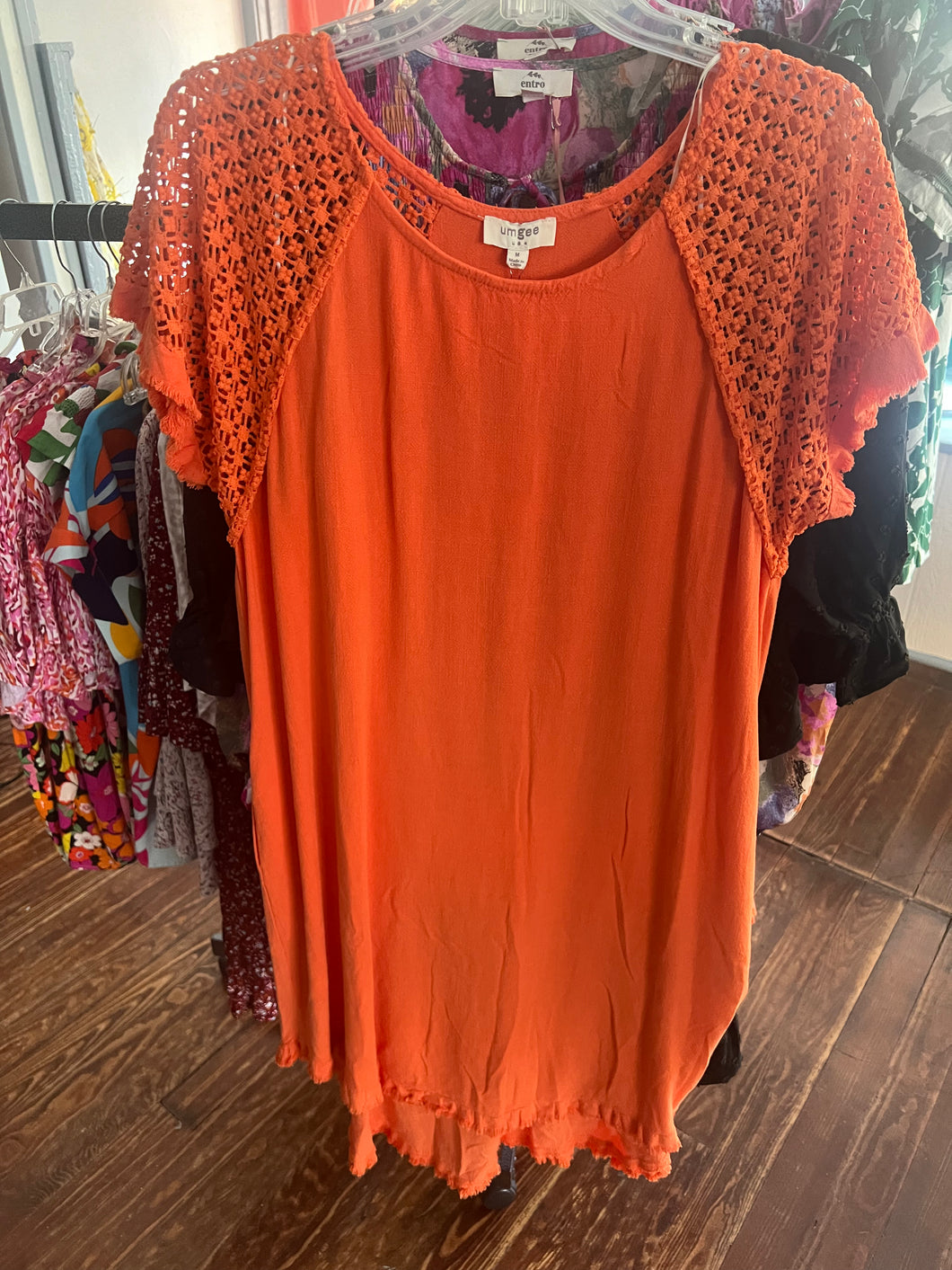 Carrot Linen Dress with Crochet Sleeves