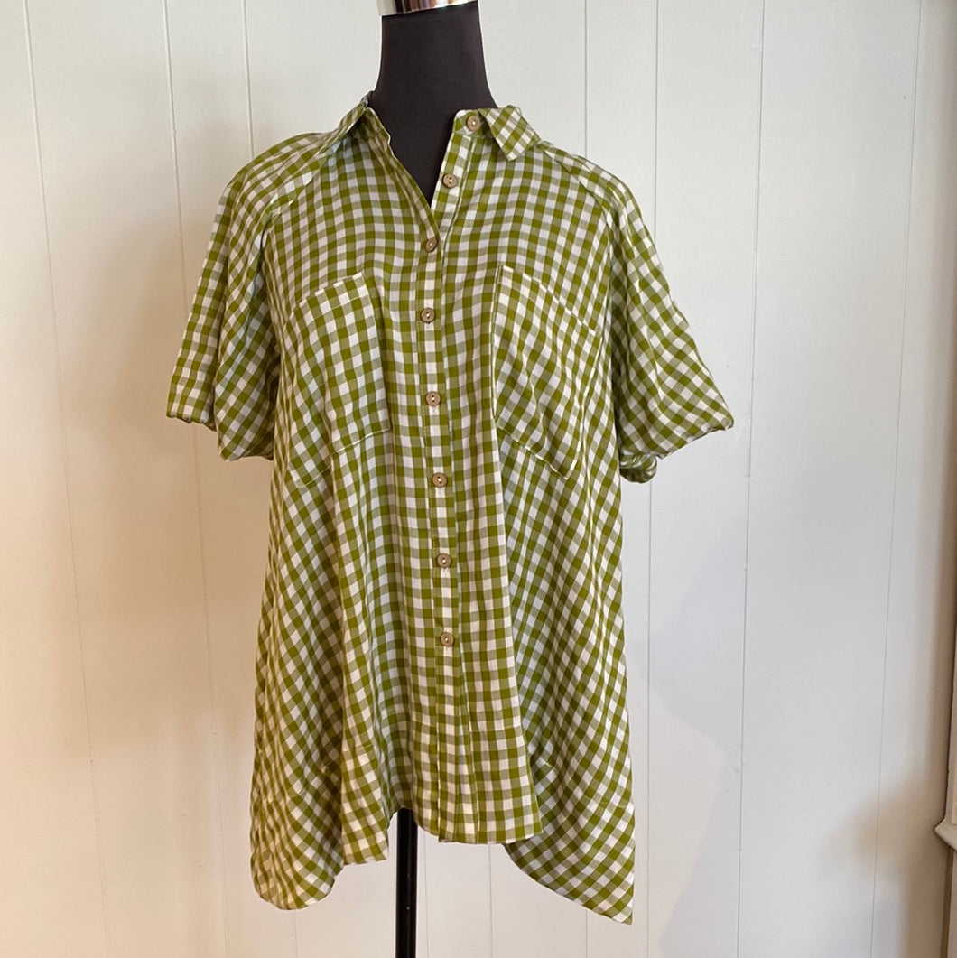 Green Plaid Bubble Sleeve Top