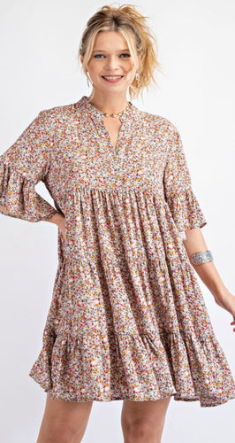 Crimson Floral Bell Sleeve Dress