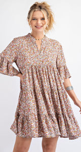 Crimson Floral Bell Sleeve Dress