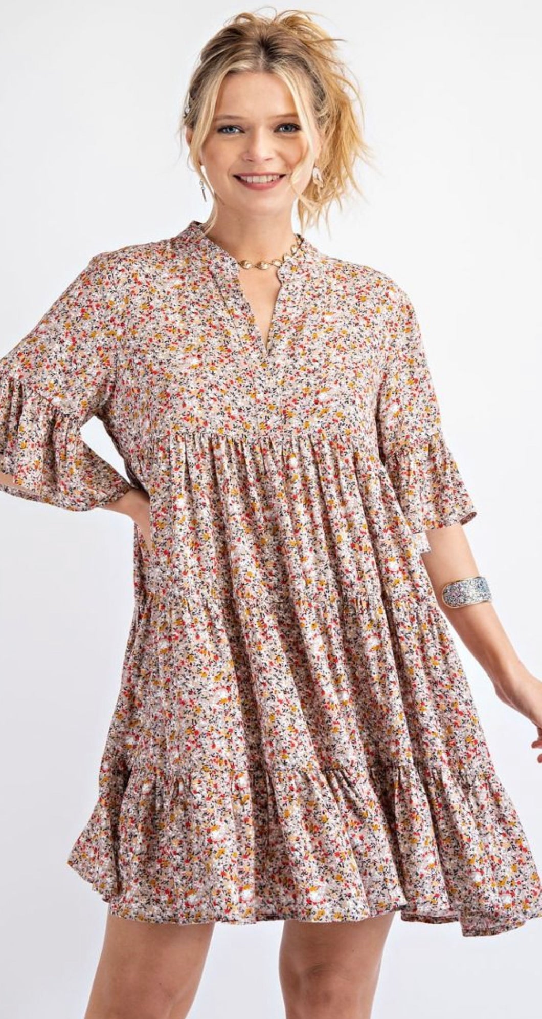 Crimson Floral Bell Sleeve Dress