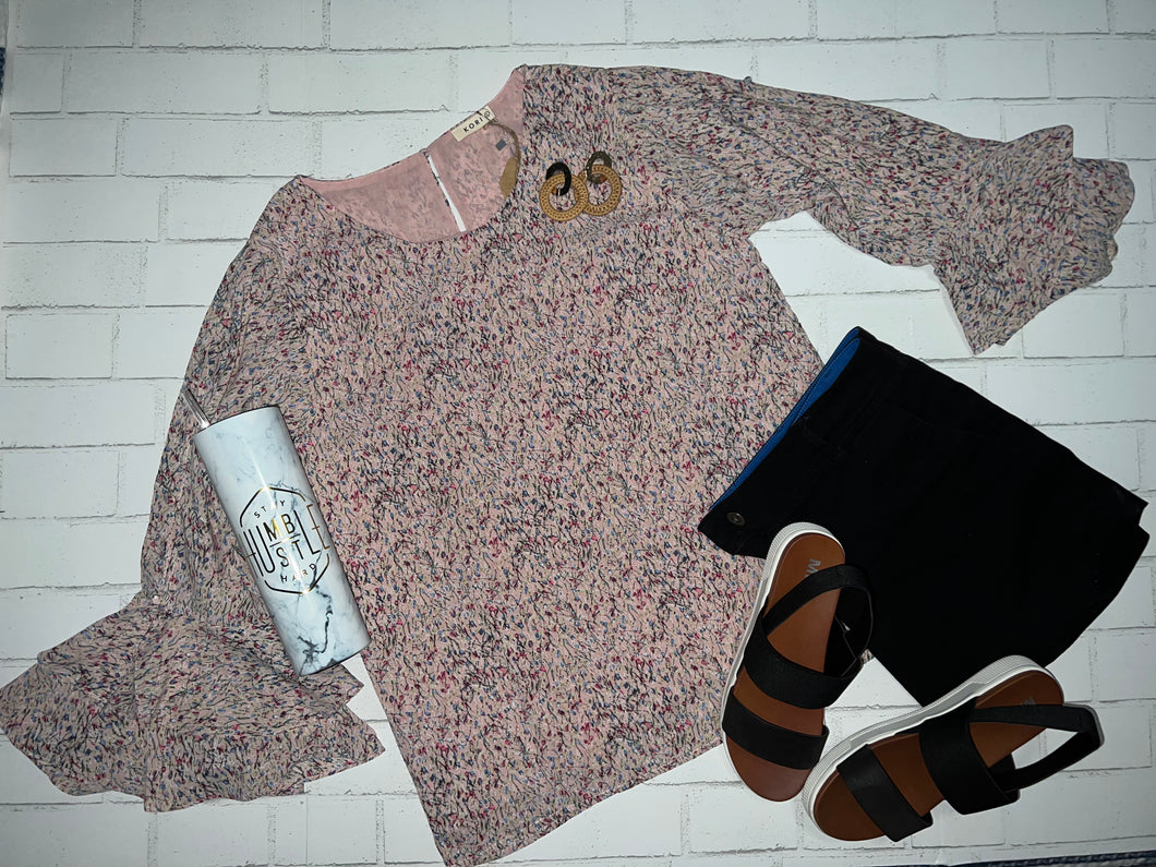 Mauve Multi Print Top w/Button Sleeves