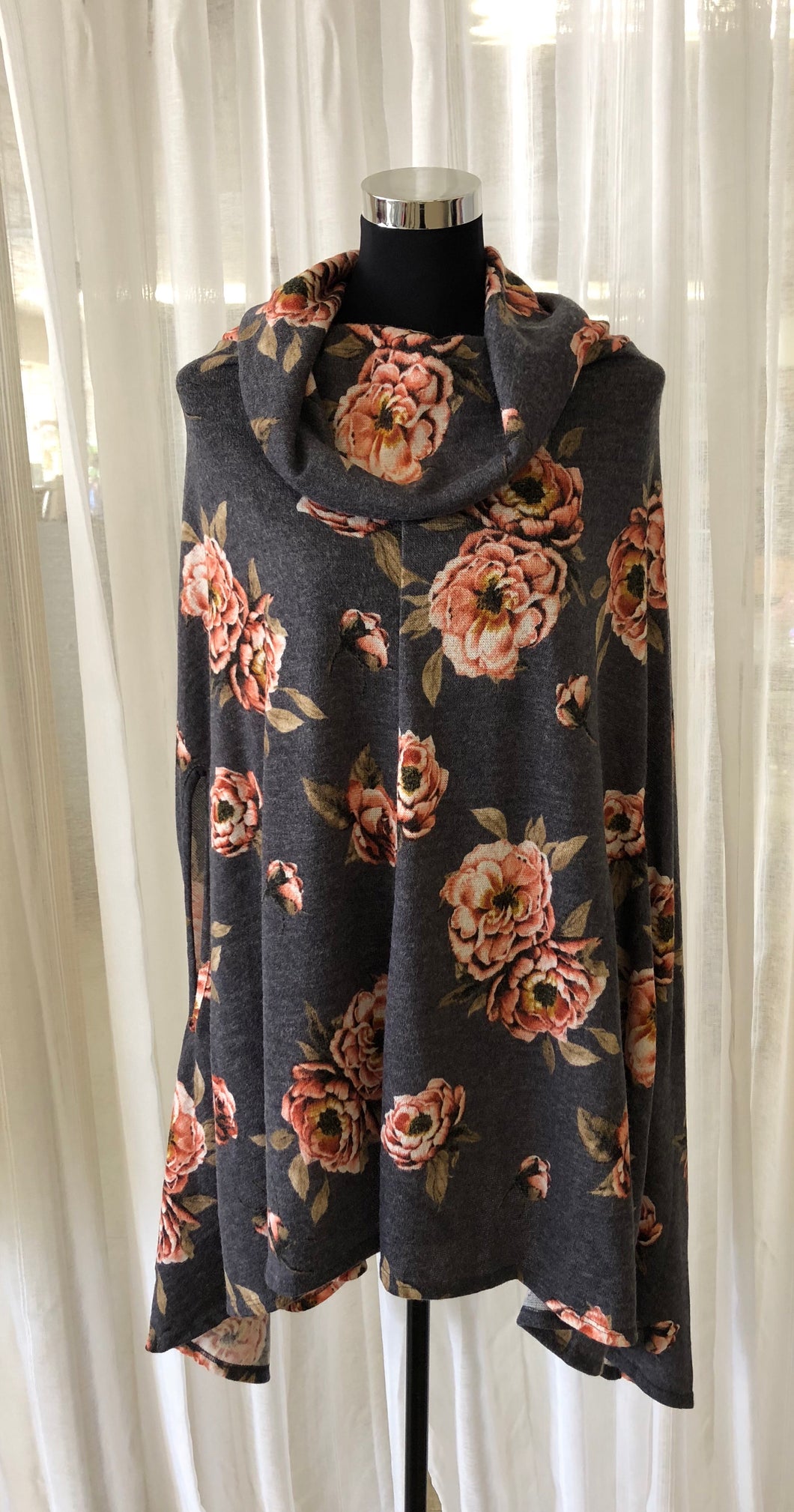 Cowl Neck Floral Poncho