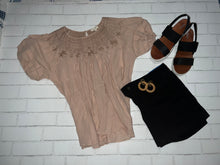Natural Embroidered Top with Pleated Short Sleeves